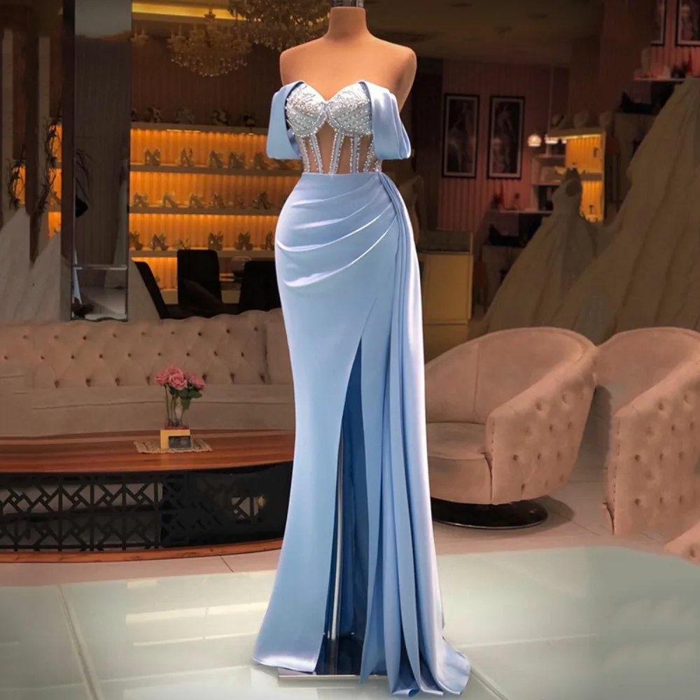 Top Trends: Sexy Mermaid Evening Dresses Robe De Soiree Illusion Bodice Pleats Beading Off The Shoulder Split Slit Formal Prom Gowns 2023 Shoppable Styles