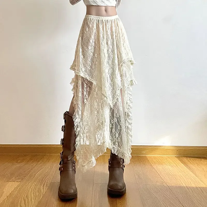 Top Trends: HOUZHOU Lace Asymmetrical Skirt Fairycore Women Vintage Y2K Boho Aesthetic Fashion High Waist Mid Skirts Lady Holiday Outfits Shoppable Styles