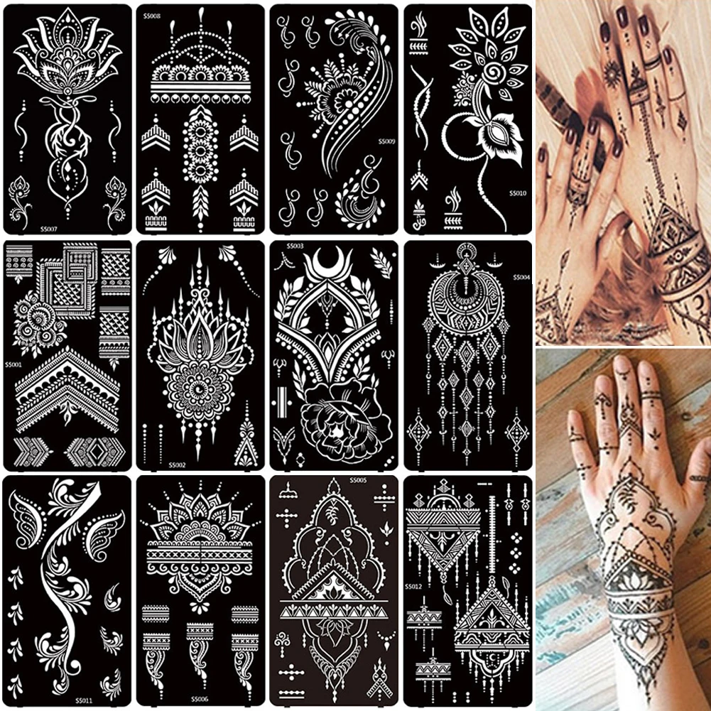 Top Trends: 12 Sheets Henna Stencil Temporary Tattoo Sticker Airbrush India Flower Body Art Template For Wedding Party Shoppable Styles