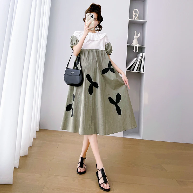 Top Trends: Fashion Block Color Patchwork Pleated Peter Pan Collar Maternity A-Line Dress Puff Sleeve High Waist Pregnant Woman Female Dress Shoppable Styles - Image 4