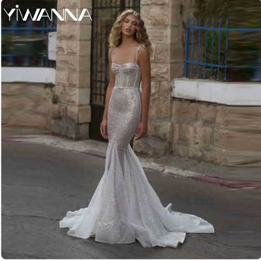 Top Trends: Sexy Spaghetti Straps Backles Wedding Dress Sparkly Sequins Dress For Bride Elegant Mermaid Long Bridal Gown Vestido De Novia Shoppable Styles