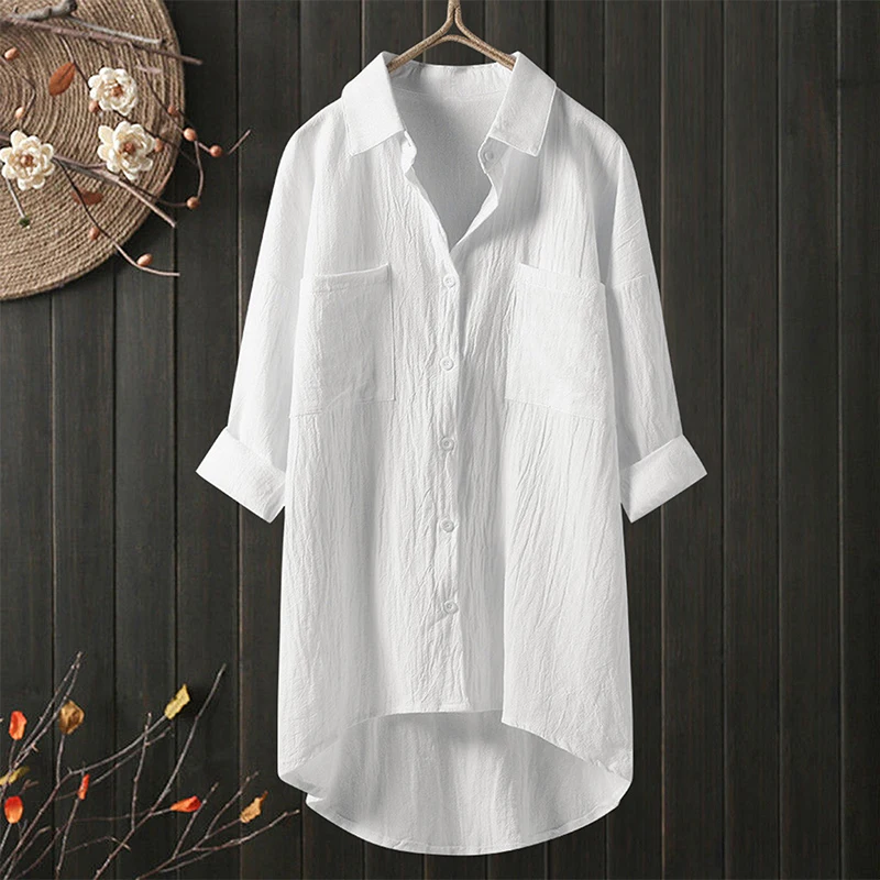 Top Trends: Cotton Linen Shirt White Blouse For Women 2023 Spring Summer Pockets Long Sleeve Oversized Top Casual Loose Shirts Shoppable Styles