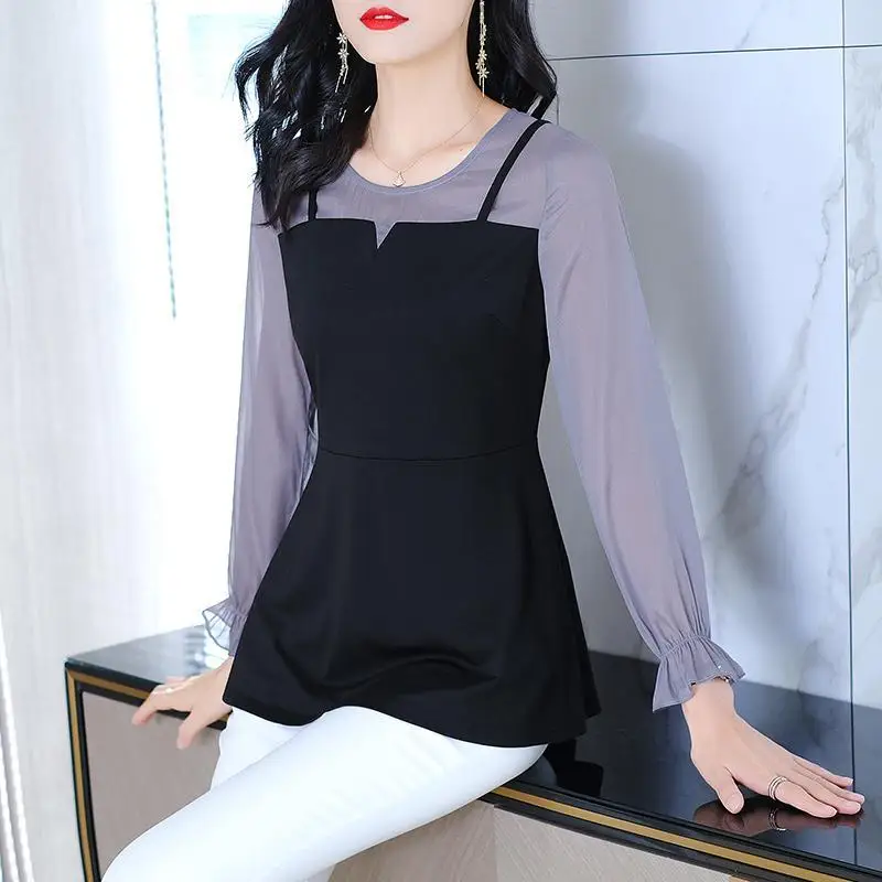 Top Trends: Female Clothing Commute Solid Color Patchwork Blouse Spring Autumn Long Sleeve Fashion Korean Round Neck Slim All-match Shirt Shoppable Styles