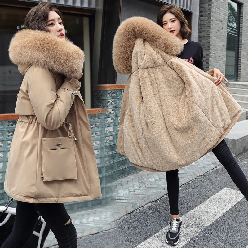 Top Trends: Women Casual Fur Lining With Pockets Big Fur Collar Winter New Parkas Thicken Warm Jacket Hooded Parka Coats Mujer Cotton Coat Shoppable Styles - Image 6