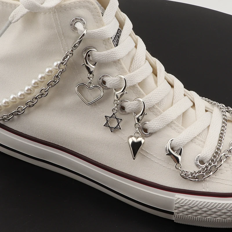 Top Trends: Sweet Cool Stainless Steel Shoe Decorations Hollow Star Love Pendant Pearl Double Layer Bling Rhinestone Shoe Chain Croc Charms Shoppable Styles