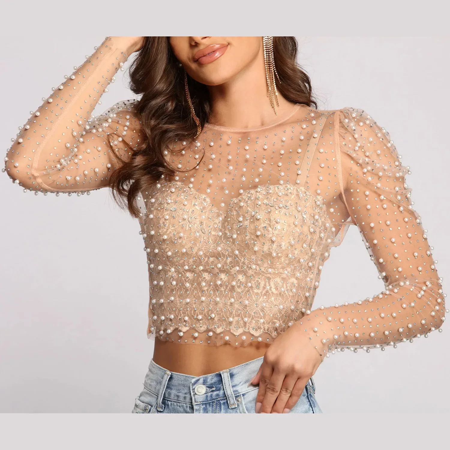 Top Trends: Women's Hot Diamond Bead Perspective Mesh Top Summer Sexy See Through Female Bubble Long Sleeve T-shirts O-Neck Club Party Tops Shoppable Styles