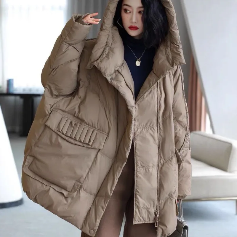 Top Trends: 2023 New Women Down Jacket Winter Coat Female Mid-length Super Size Parkas Batwing Sleeve Loose Simple Outwear Hooded Overcoat Shoppable Styles