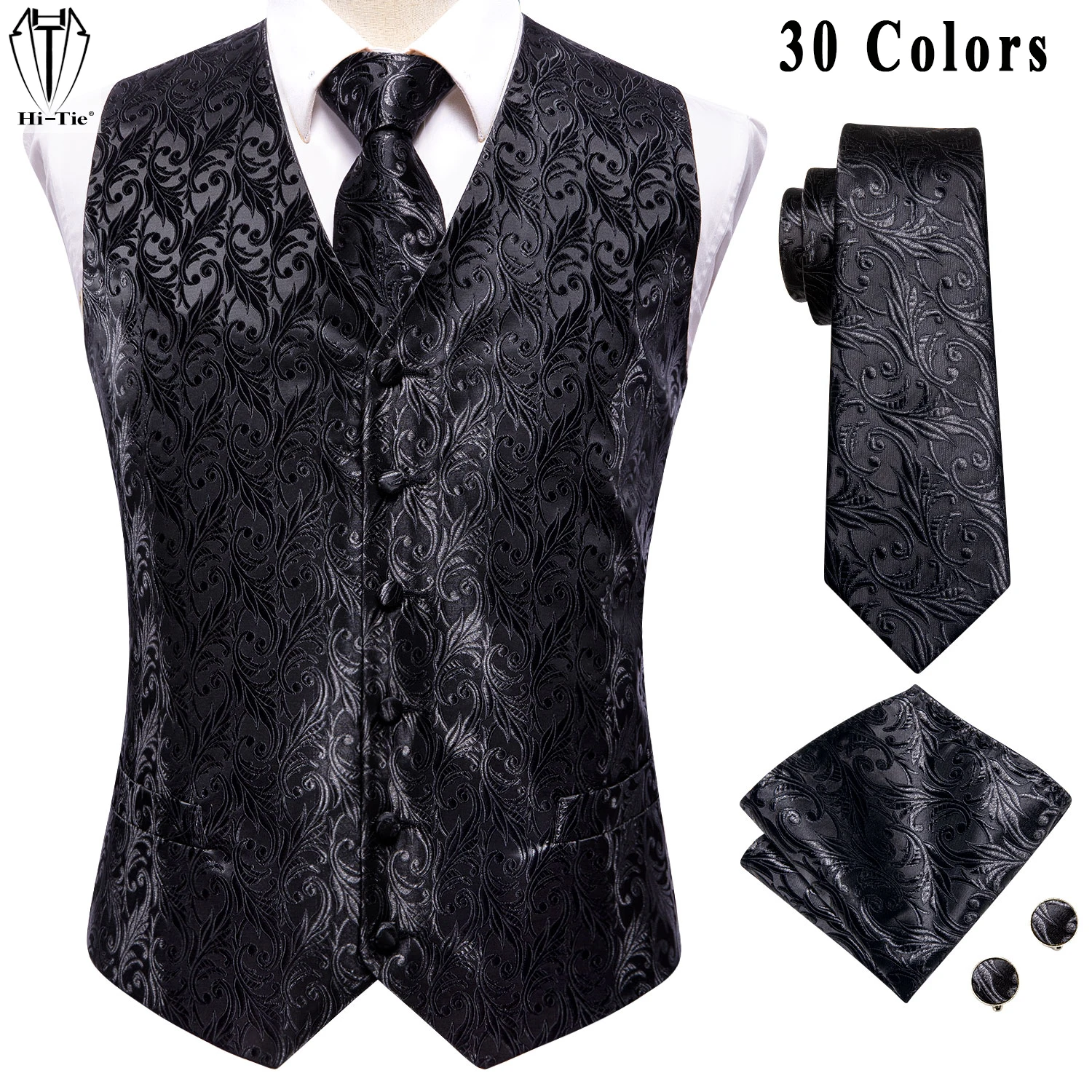 Top Trends: Hi-Tie Designer Jacquard Silk Mens Vest Sleeveless Waist Jacket Pure Black Floral Waistcoat Neck Tie Hanky Cufflinks Set For Men Shoppable Styles