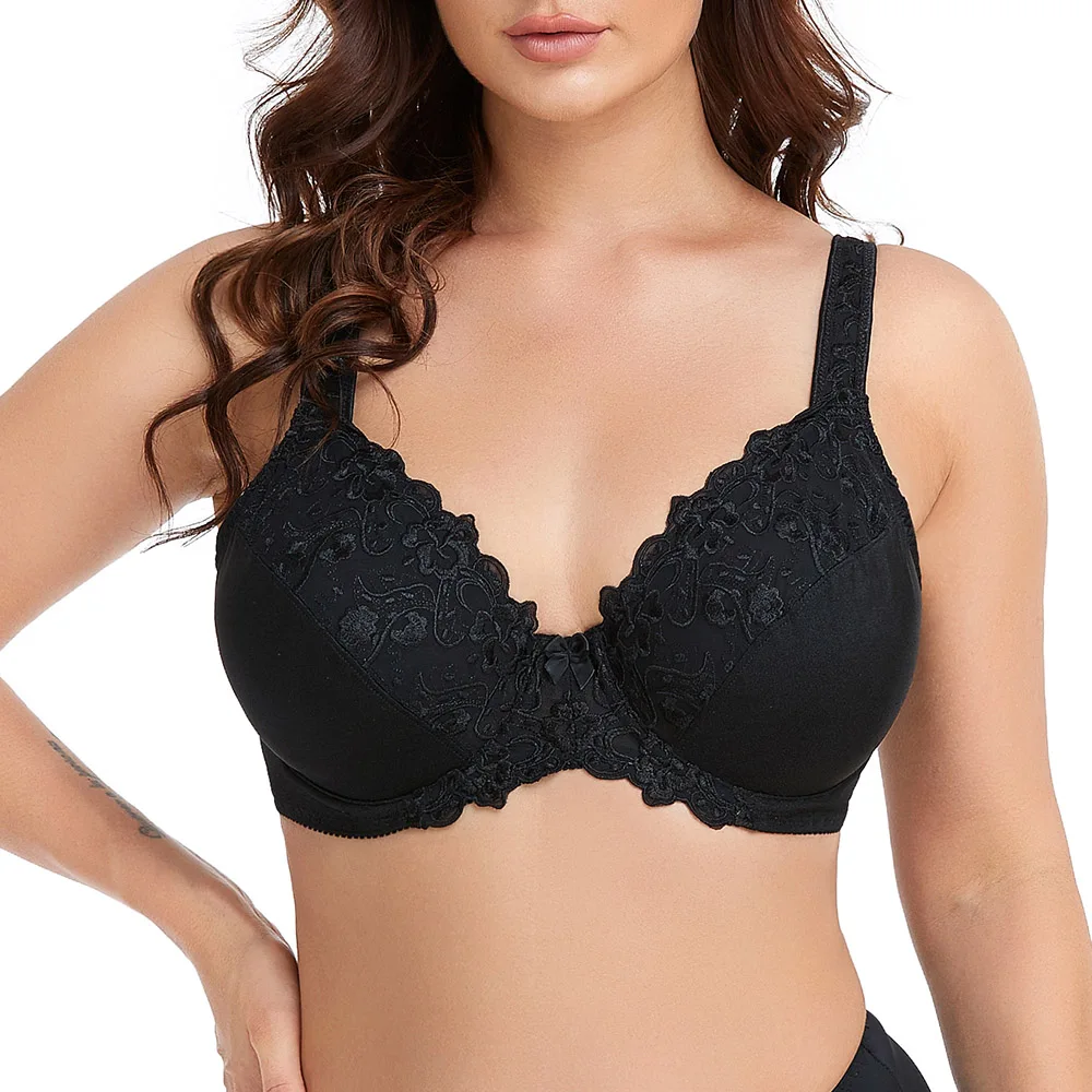 Top Trends: Minimizer Bra Plus Size Women Full Coverage Non-Padded Underwire Lace Black Floral Embroidery For Female B C D E F G H I J Shoppable Styles