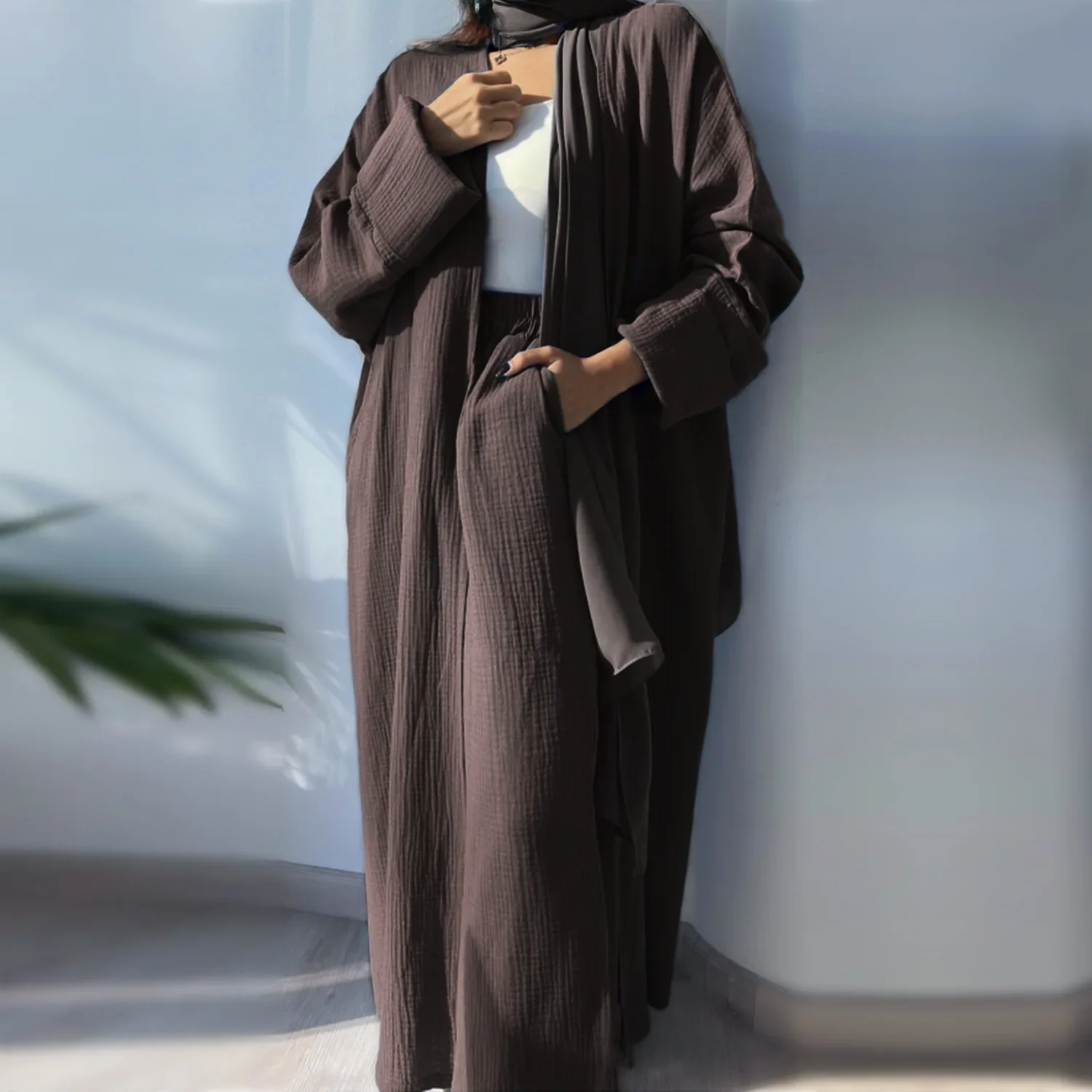 Top Trends: Summer Casual Kimono Abaya With Pants Turkey Muslim Dress Plain Cotton Open Abayas For Women Dubai Islam Modest Outfit Kaftan Shoppable Styles