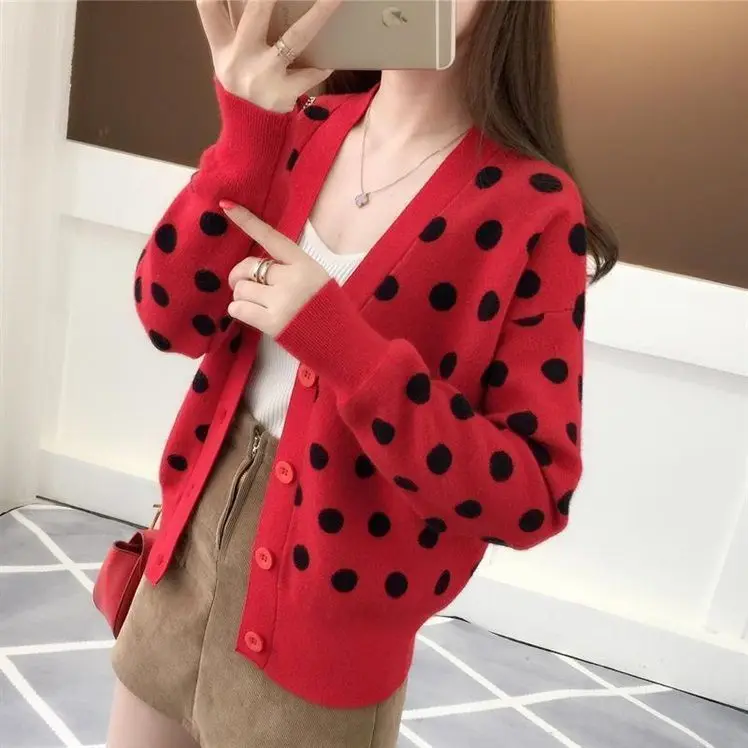 Top Trends: 2023 Autumn / Winter New Women's Polka Dot Fashion Knitwear Korean Version Slim Fit Sweater Academy Style Short Cardigan Coat Shoppable Styles - Image 5