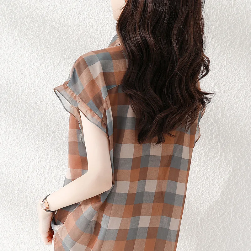 Top Trends: Fashion Plaid Printed Lapel Button Short Sleeve Chiffon Blouse Summer Plus Size Commute Tops Loose Casual Women Clothing Shirt Shoppable Styles - Image 5