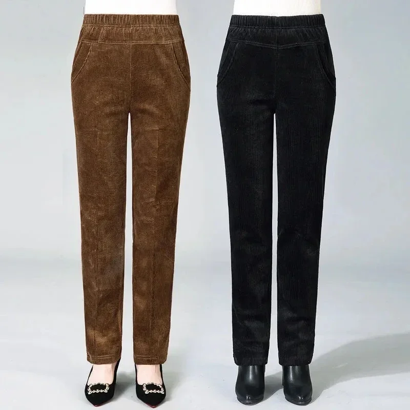 Top Trends: Spring Fall Elastic High Waist Straight Trousers Women Classic Black Pantalones De Mujer Mother&#039;s Casual Brown Corduroy Pants Shoppable Styles