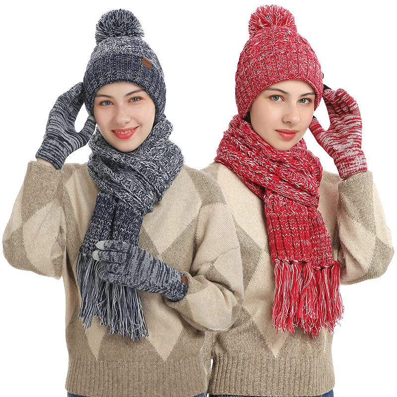 Top Trends: 3pcs Set Winter Scarf Hat Glove For Women Fashion Mixed Color Touch Screen Glove Lady Luxury Scarf Warm Beanie Hat Thicken Plush Shoppable Styles