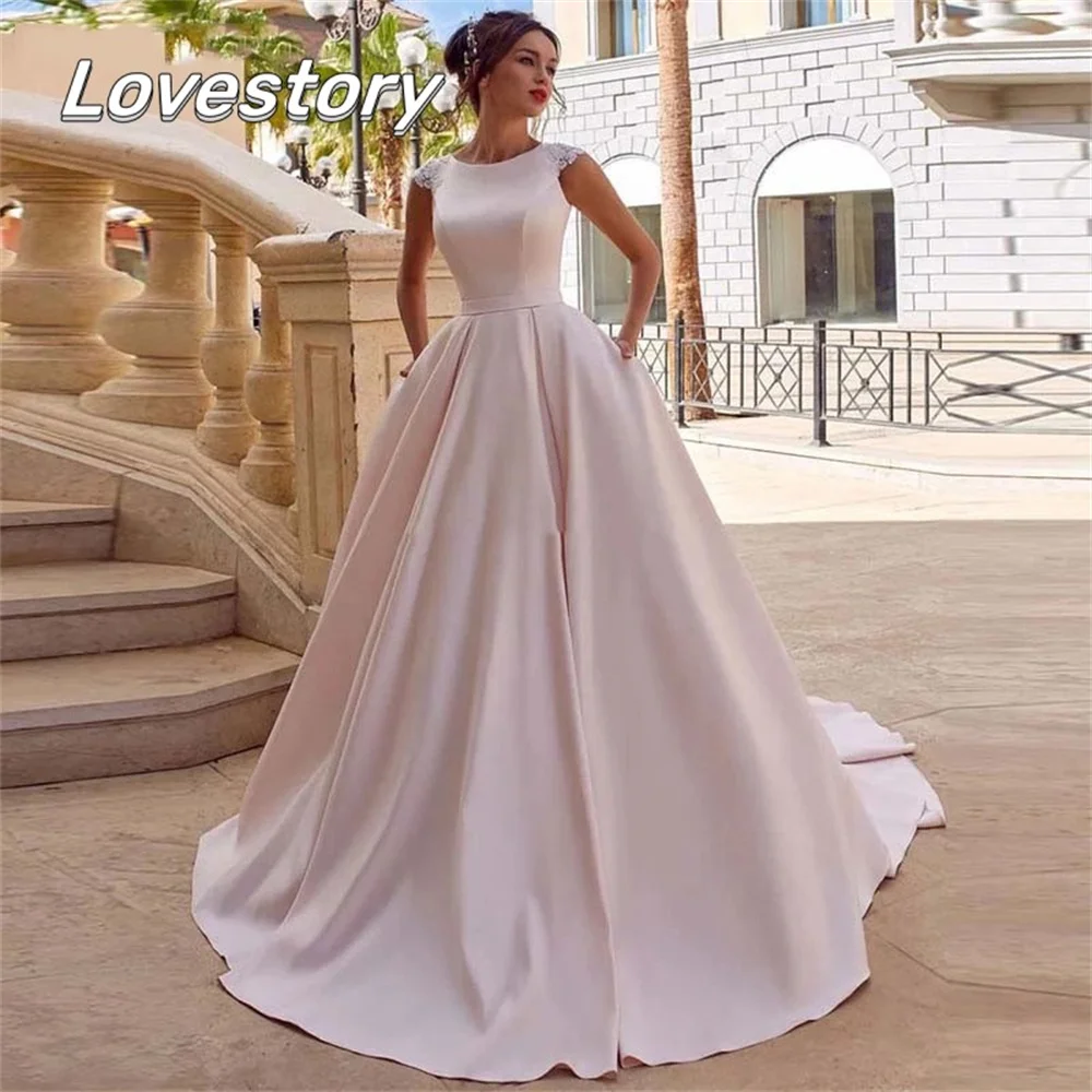 Top Trends: A Line Wedding Dresses Satin Boho Pretty Princess Bride Robe Floor Length Bridal Gowns O-Neck Buttons Illusion Vestidos De Noiva Shoppable Styles