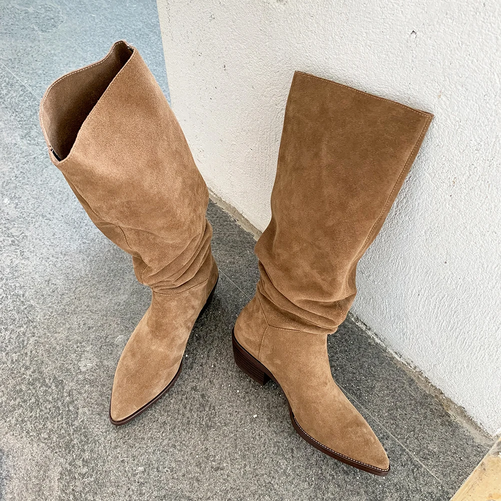 Top Trends: Cow Suede Daily Botas Pointed Toe Spring Autumn Woman Boots Cowgirls Western Boots Woman Slip On Simple Pleated Mid-Calf Shoes Shoppable Styles