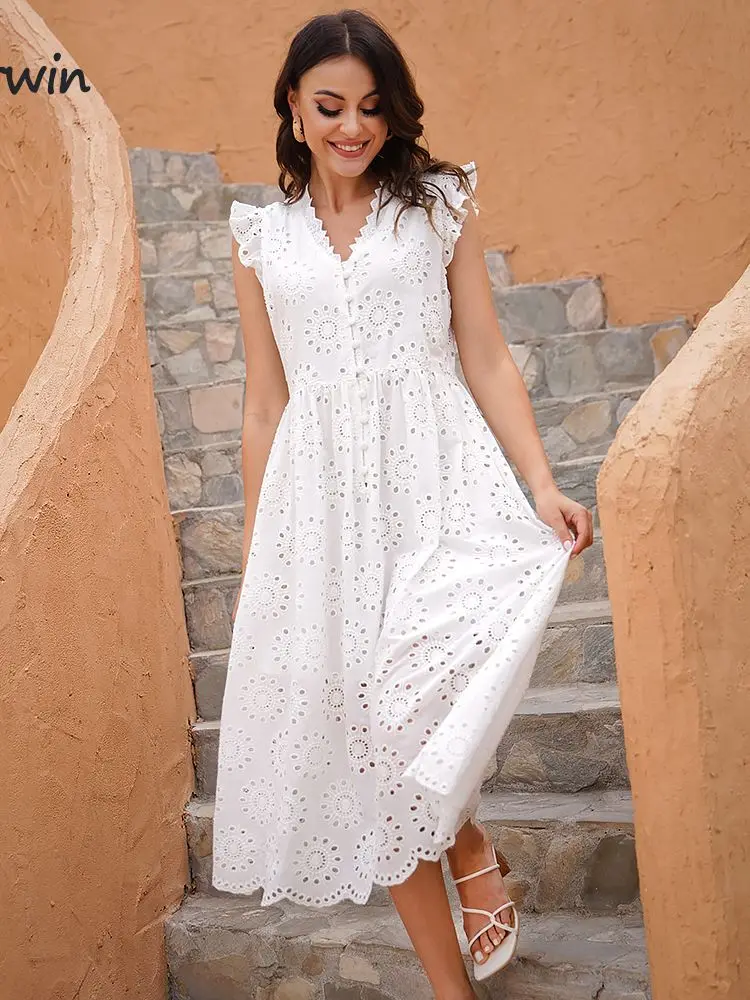 Top Trends: Marwin Long Simple Casual Solid Hollow Out Pure Cotton Holiday Style High Waist Fashion Mid-Calf Summer Dresses NEW Vestidos Shoppable Styles