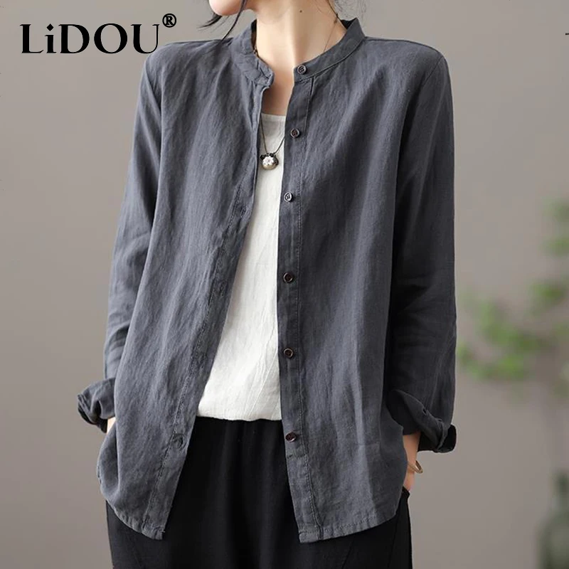 Top Trends: 2022 Spring Literary Retro Stand Collar Single Breasted Cotton Long Sleeve Cardigan Shirt Women Simple Loose Casual Solid Blouse Shoppable Styles