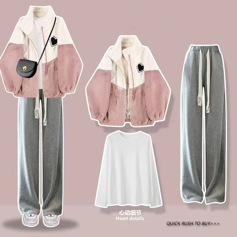 Top Trends: Autumn Winter Women Lamb Plush Jacket White T Shirt Wide Leg Pants 1 Or 3 Piece Set Korean Lady Casual Heart Patchwork Coat Suit Shoppable Styles - Image 3