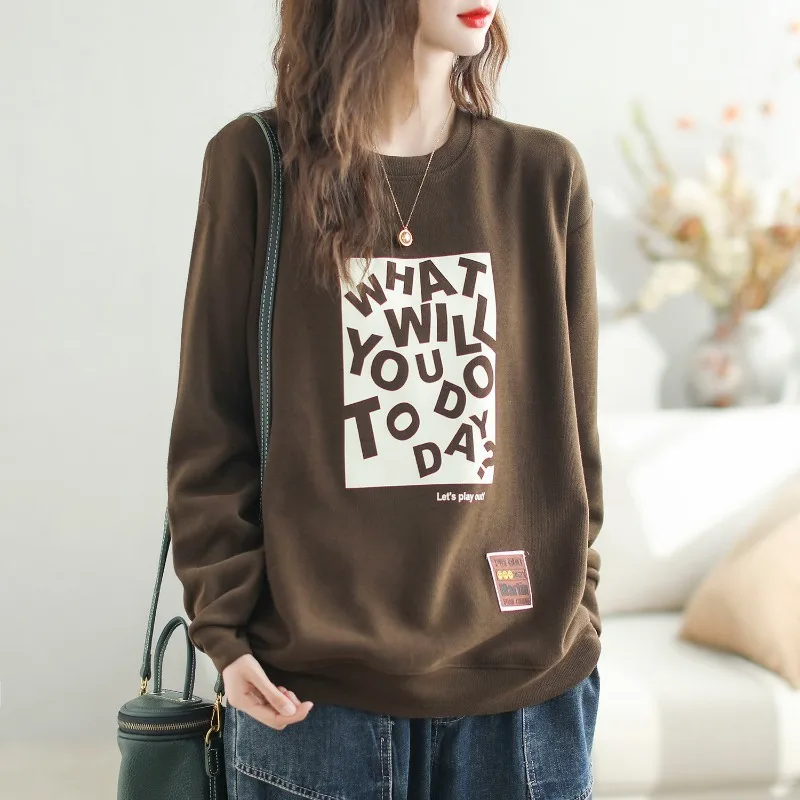 Top Trends: Women&#039;s Solid Round Neck Cotton Autumn And Winter New Korean Loose Printed Letter Long Sleeve Pullover Hoodies All Match Tops Shoppable Styles