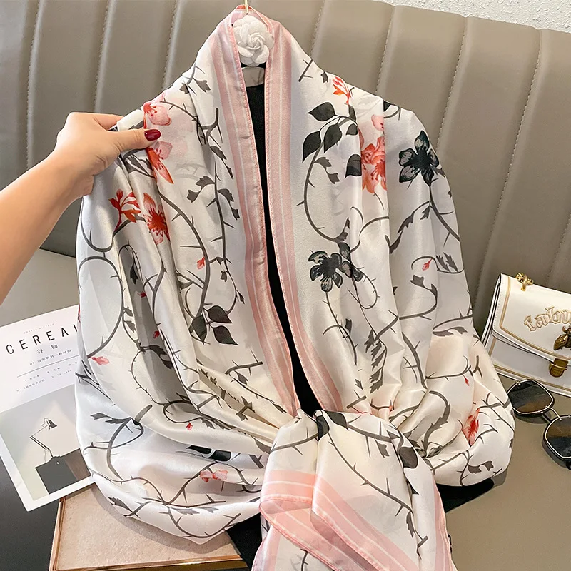 Top Trends: 2022 Luxury Brand Design Silk Scarf Women Spring Summer Lovely Vine Floral Shawls And Wraps Soft Pashmina Foulards Bandana Snood Shoppable Styles