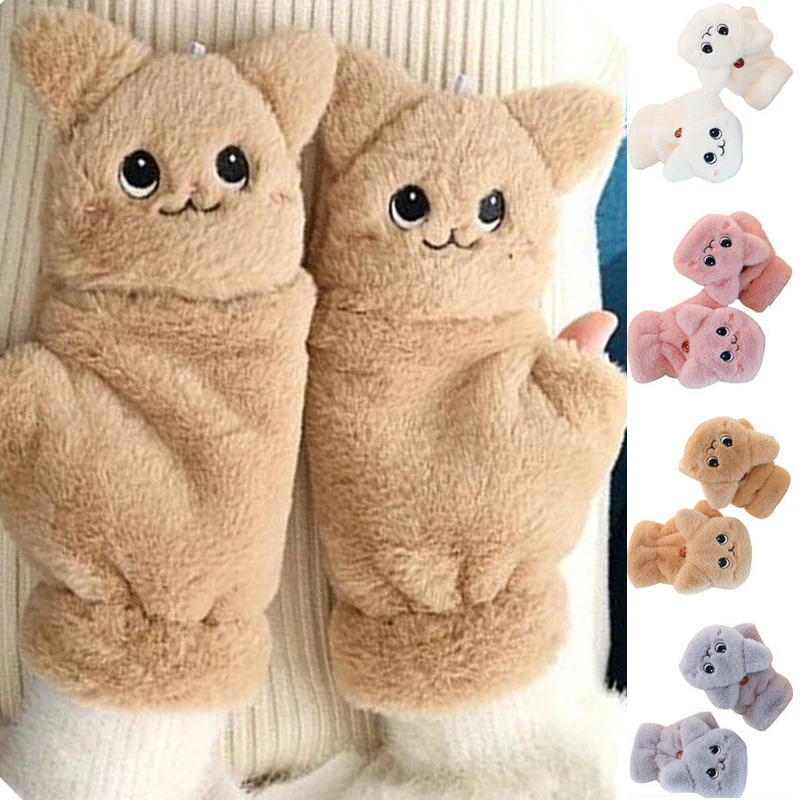 Top Trends: Lovely Plush Cat Mittens Fingerless Gloves For Women Winter Warm Rabbit Fur Mittens Flip Half Finger Gloves For Cycling Gloves Shoppable Styles