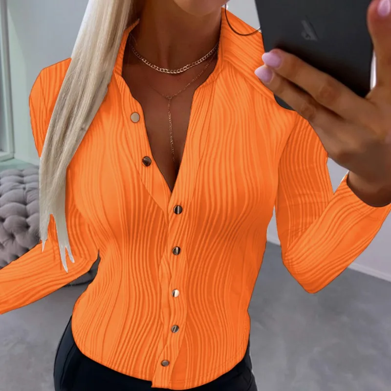 Top Trends: 2023 Spring And Autumn Women&#039;s Cardigan V-neck Long Sleeve Solid Stripe Button Elastic Sexy Slim Fashion Casual Shirt Tops Shoppable Styles