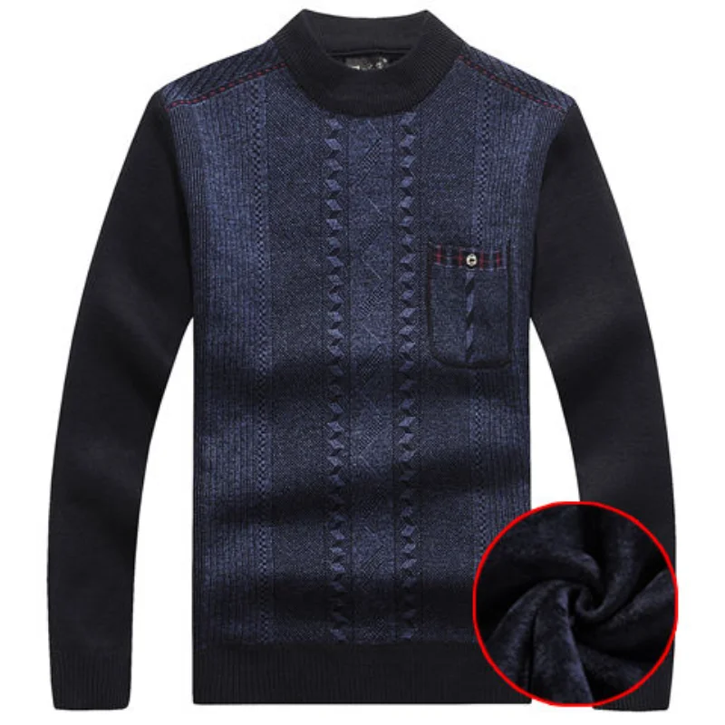 Top Trends: Men Autumn And Winter New Crew Neck Sweater Solid Color Plaid Pockets Spliced Fleece Warm Versatile Long-sleeved Tops Shoppable Styles