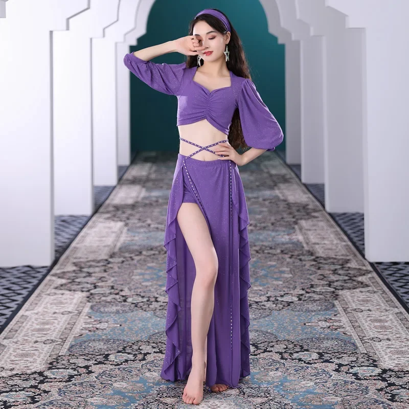 Top Trends: Belly Dance Suit Printing Mesh Top Short Sleeves Split Skirt Practice Clothes Set Female Elegant Performance Clothing Summer Shoppable Styles