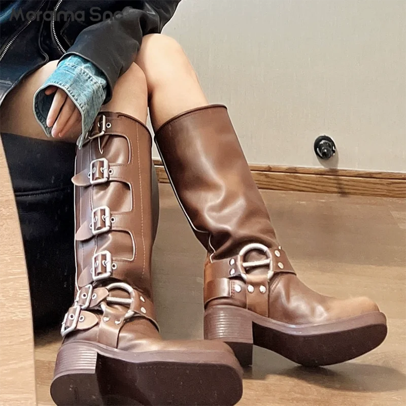 Top Trends: Vintage Brown And Black Ladies Knight Boots Block Heel Boots Metal Strap Buckle Platform Large Size Retro Fashion Women's Boots Shoppable Styles