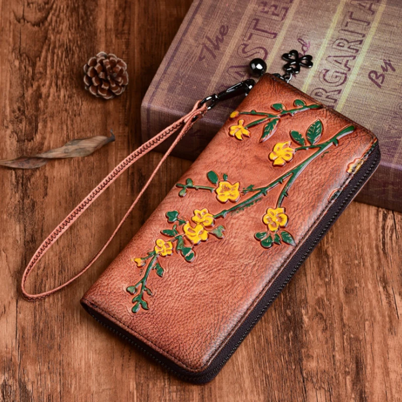 Top Trends: Vintage Women Wallets Embossed Long Zipper Wallet Ladies Purse Cards Holder Leather Woman Hand Rub Clutch Bags Genuine Leather Shoppable Styles