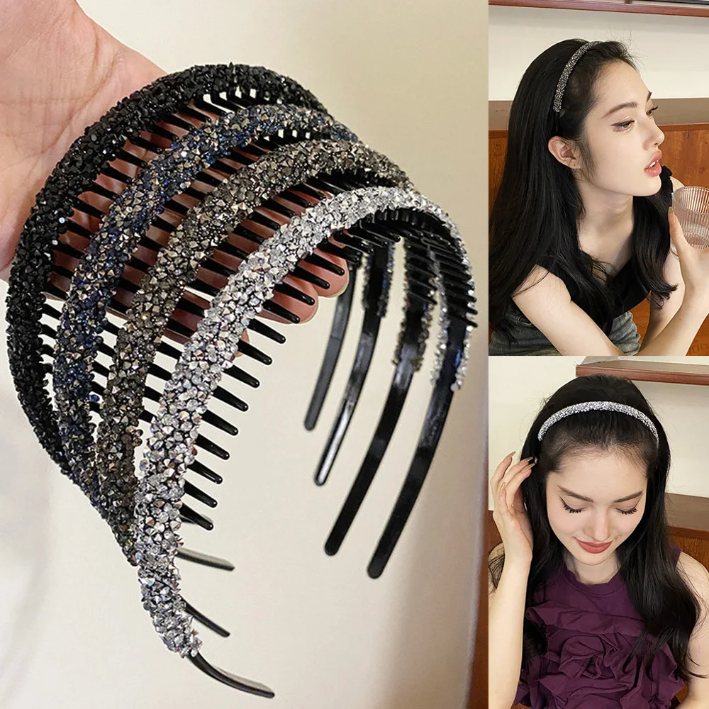 Top Trends: Delicate Rhinestones Hair Hoop Anti-slip Hair Accessories Solid Color Thin Head Hoop Shimmer Non-Slip Toothed Hairband Headwear Shoppable Styles