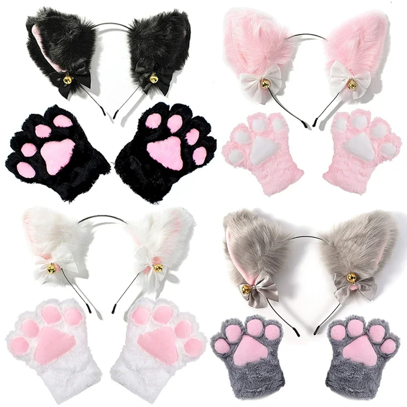 Top Trends: Cat Ear Bow Headband Necklace Cat Claw Gloves Cosplay Plush Bell Hairband Women Girl Masquerade Party Headwear Hair Accessories Shoppable Styles