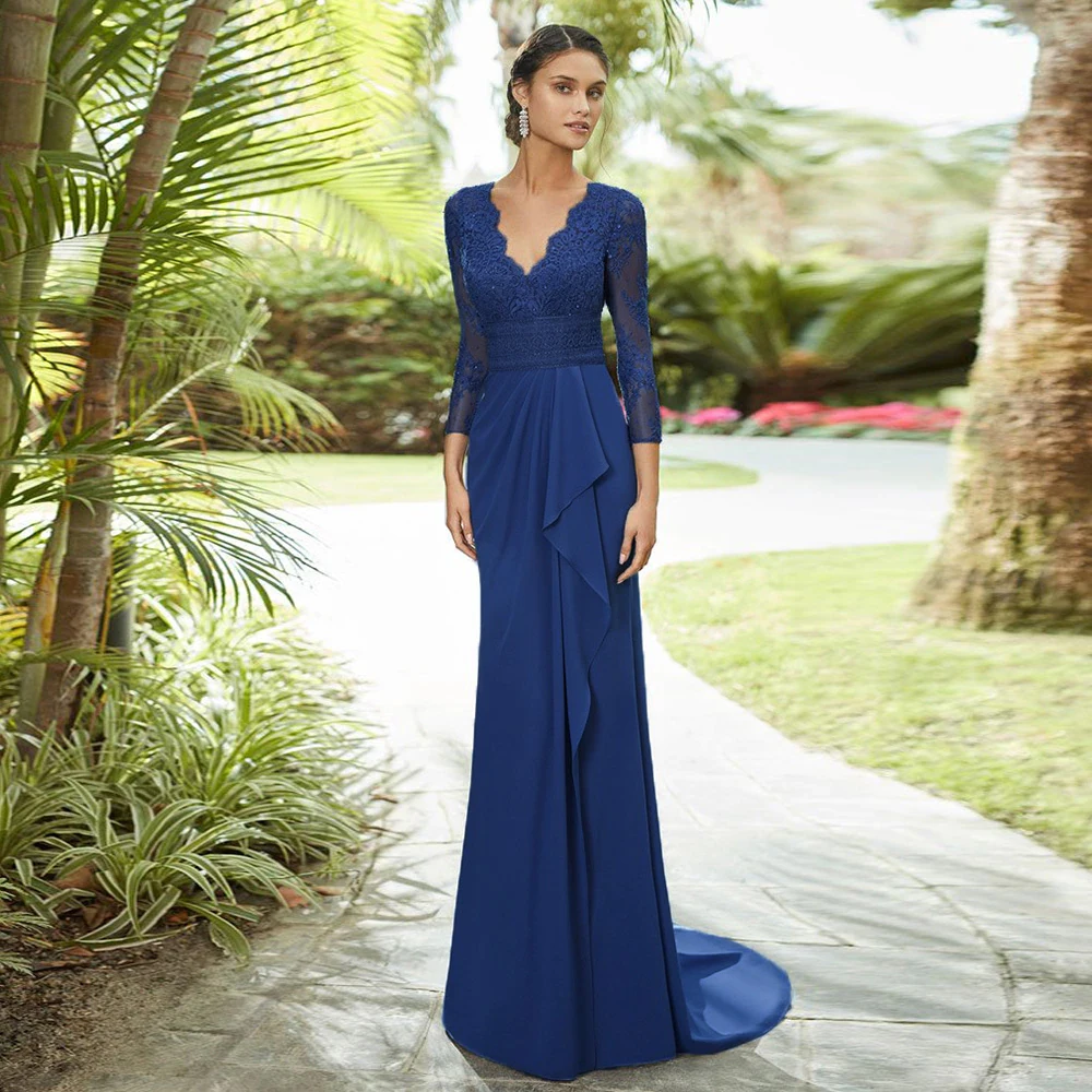 Top Trends: Classic Blue Mother Of The Bride Dresses V Neck Long Sleeves Lace Appliques Wedding Party Gowns Illusion Chiffon Floor-Length Shoppable Styles