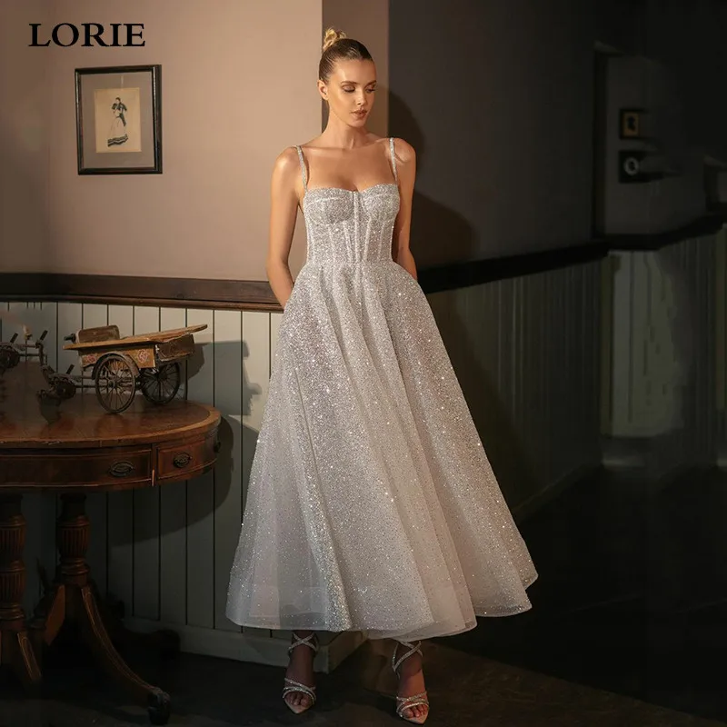 Top Trends: LORIE Shiny Sweetheart Princess Wedding Dresses Glitter Tulle Sexy Spaghetti Straps Ankle Length Boho Bride Dresses Shoppable Styles