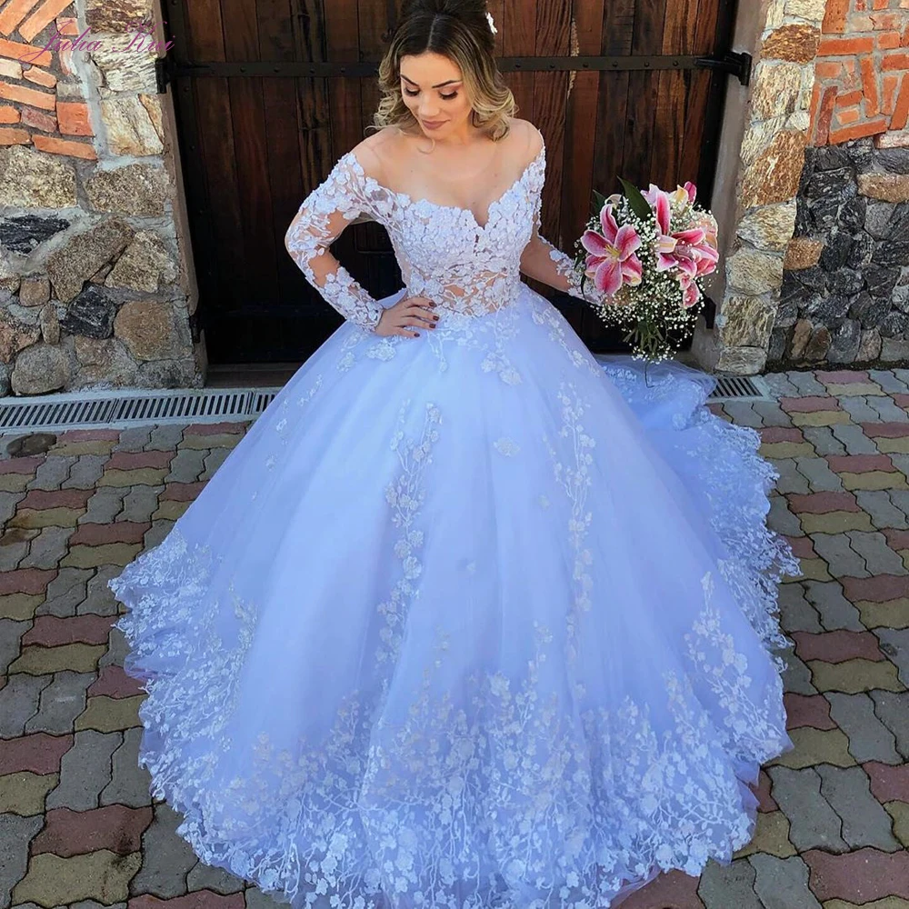 Top Trends: 2023 Lace Appliques Long Sleeves Wedding Gowns White Princess Tulle Of O-Neck Ball Gown Wedding Dress Plus Size Robe De Mariee Shoppable Styles