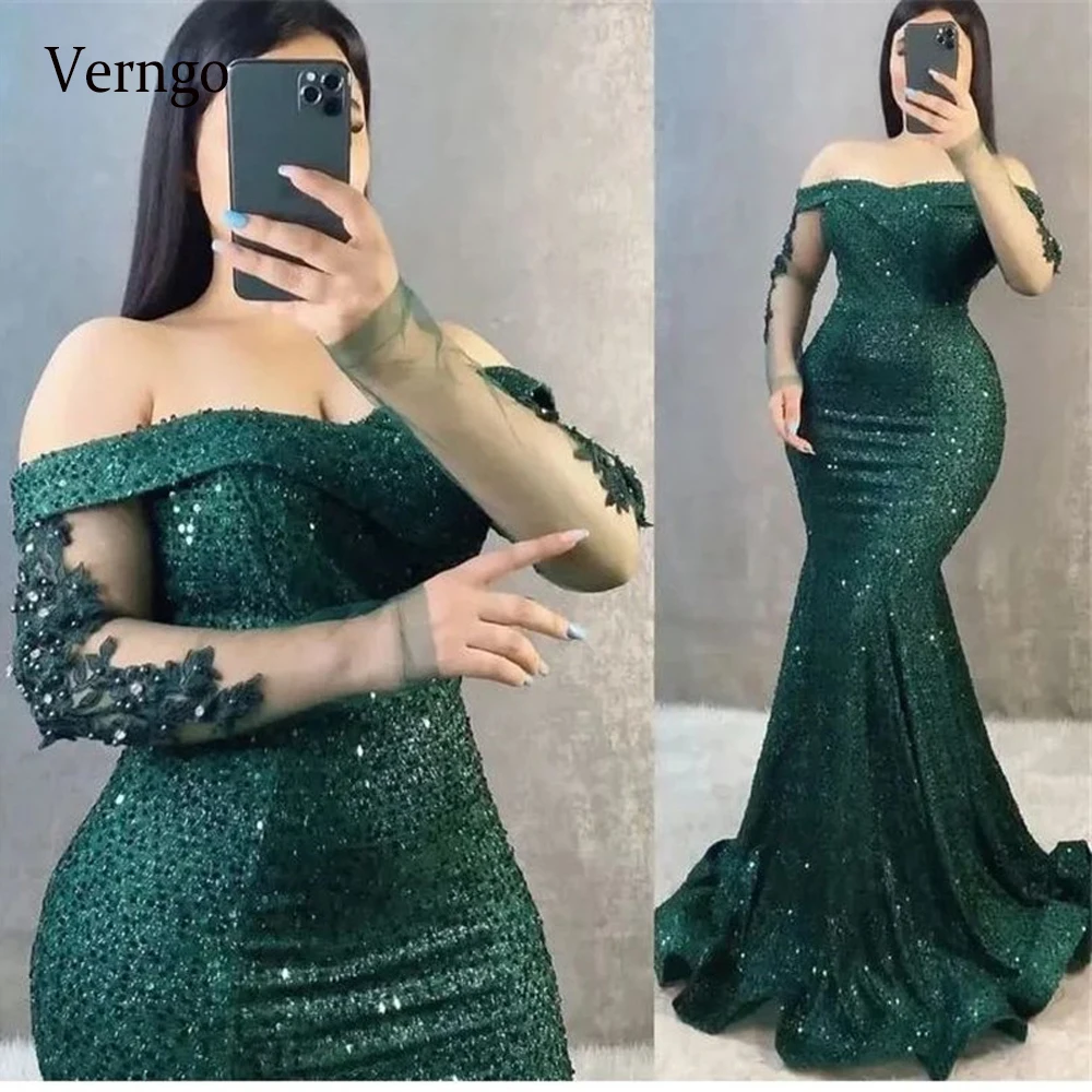 Top Trends: Verngo Sparkly Sequin Green Mermaid Evening Dresses Off Shoulder Long Sleeves Applique Arabic Women Formal Plus Size Prom Gowns Shoppable Styles