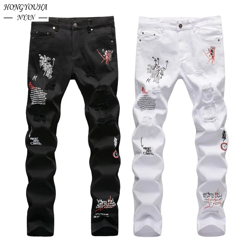 Top Trends: Embroidery Letters White Jeans For Mens Spring Autumn Black Ripped Cowboy Pants Character Zipper Denim Hip Hop Trousers Male Shoppable Styles