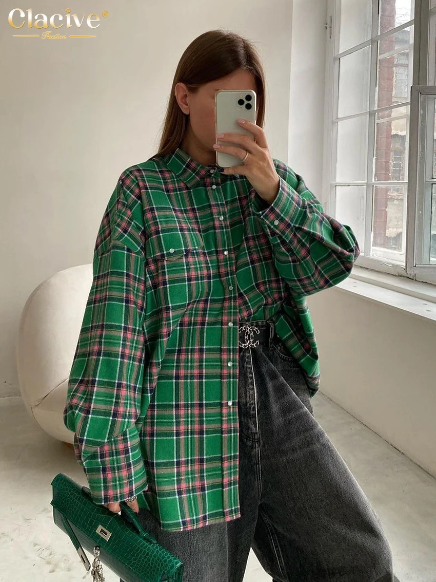 Top Trends: Clacive Fashion Loose Plaid Women Shirts 2023 Elegant Lapel Long Sleeve Office Shirts And Blouses Vintage Top Female Clothing Shoppable Styles