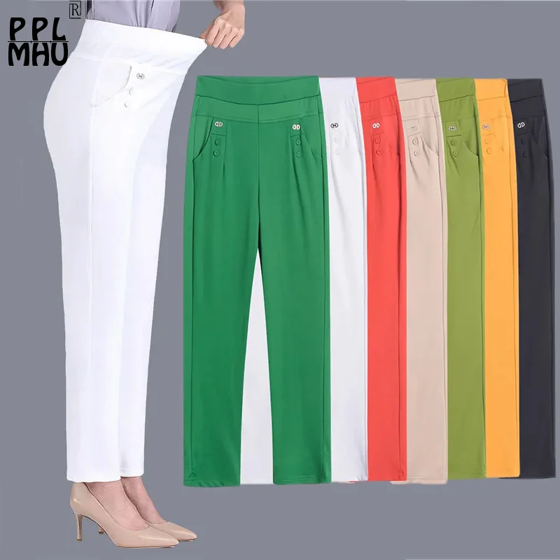 Top Trends: Candy Colors Women Stretch Classic Pants Elegant Summer Thin Straight Trousers Mother Casual High Waist Pantalones Slim Capris Shoppable Styles