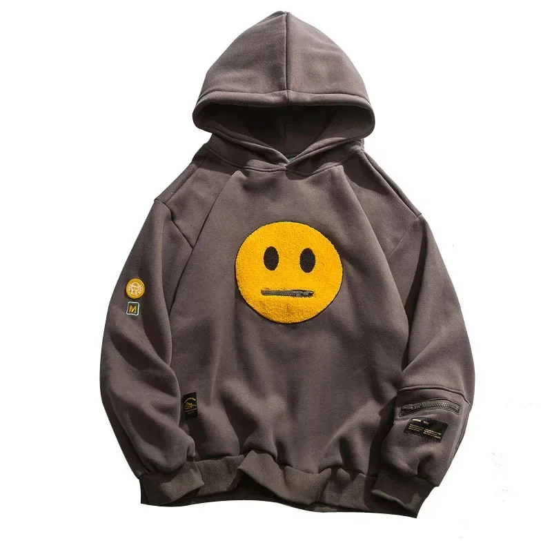 Top Trends: Brown Patchwork Hooded Sweatshirt Smiley Zip Design Big Pocket Hoodies Tide Hip-hop Streetwear New Casual Unisex Pullovers Shoppable Styles