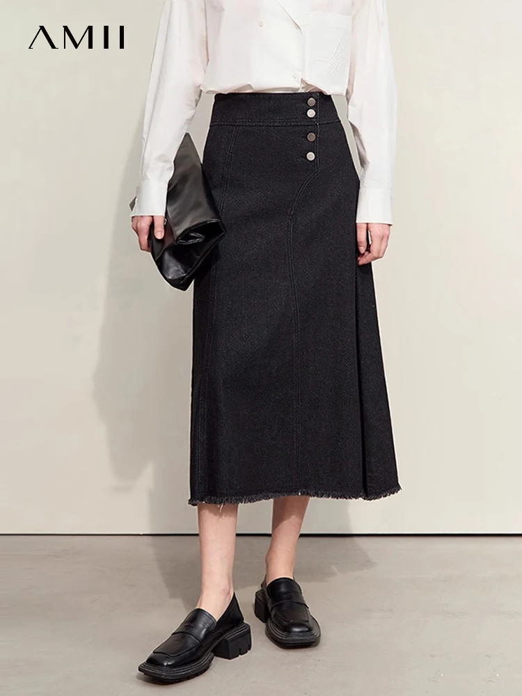 Top Trends: AMII Minimalism A-line Skirt 2023 Autumn New Casual Denim Split Jean Female Black Long Button Fashion Women's Skirts 12323081 Shoppable Styles