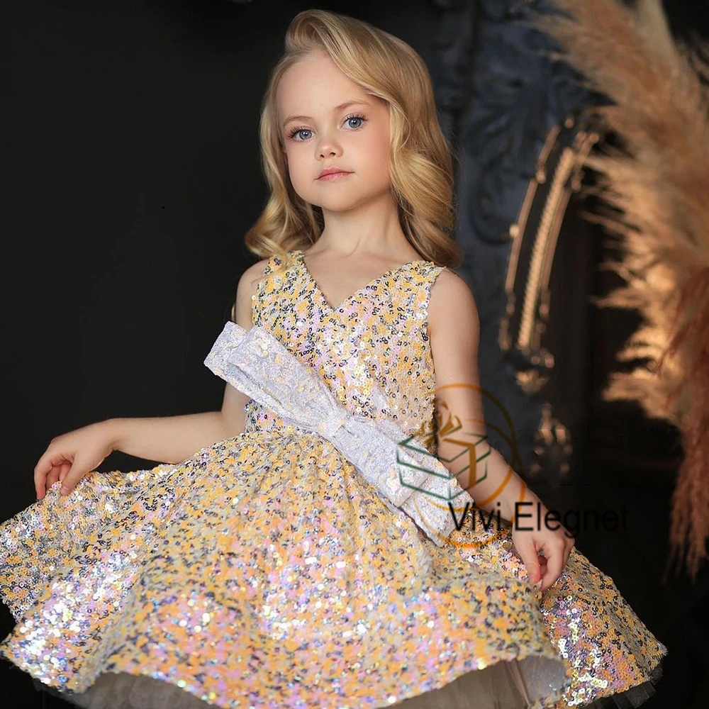 Top Trends: Glitter Cap Sleeve Flower Girl Dresses Tiered Sleeveless Wedding Party Gowns For Birthday 2023 Summer فساتين بنات صغار Bow Shoppable Styles