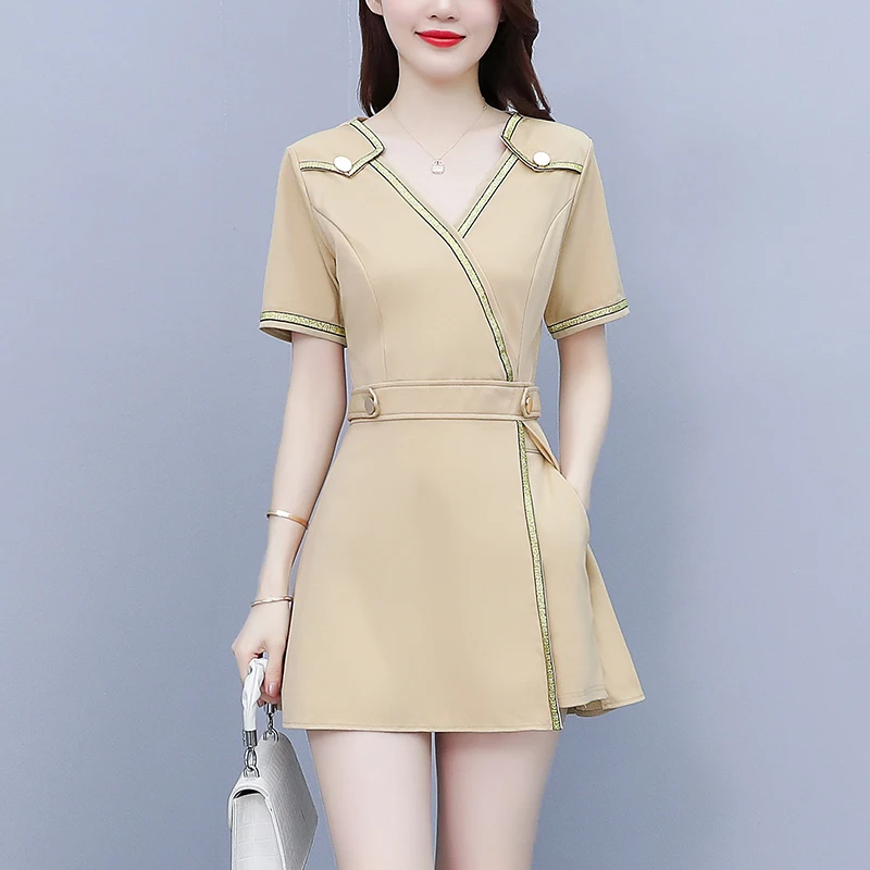 Top Trends: 2023 Summer Women Retro OL Work Wear Clothing V Neck Two Buttons Slim Waist Split Dress And Blazer Shorts 2pcs Set Outfits Shoppable Styles