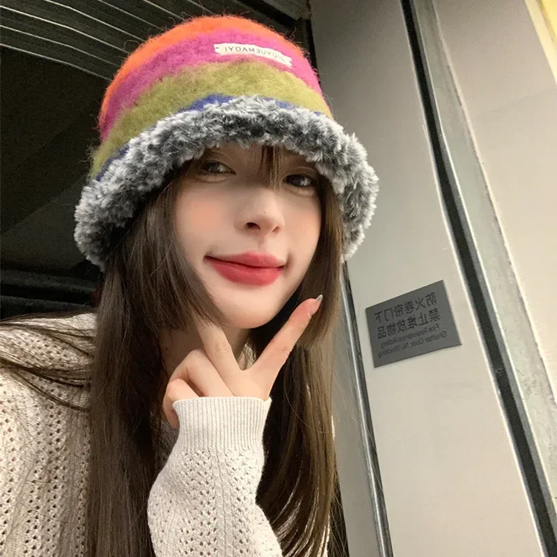 Top Trends: Japanese New Gradient Wool Rainbow Color Stripe Beanies Women Handmade Crochet Beanie Thick Warm Knitted Hat Winter Bucket Hat Shoppable Styles