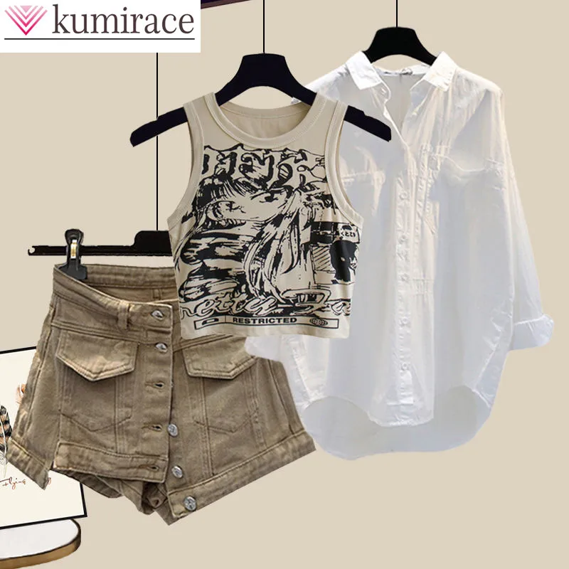 Top Trends: 2023 Summer Vintage Print Tank Top Denim Shorts White Shirt Blouse Three Piece Elegant Women&#039;s Pants Set Casual Outfits Shoppable Styles