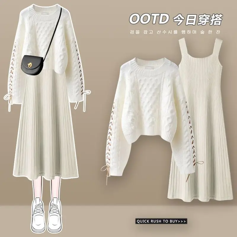 Top Trends: Women&#039;s Spring And Autumn Suit 2023 New Fashion Knitted Sweater + Sling Dress Two Piece Female Korean Elegant Matching Sets Shoppable Styles