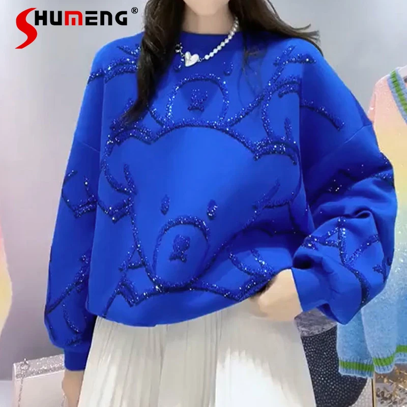 Top Trends: 2023 Spring New Cute Women's Rhinestones Blue Sweatshirt Cartoon Anime Oversized Diamond-Embedded Bear Crop Hoodie Streetwear Shoppable Styles