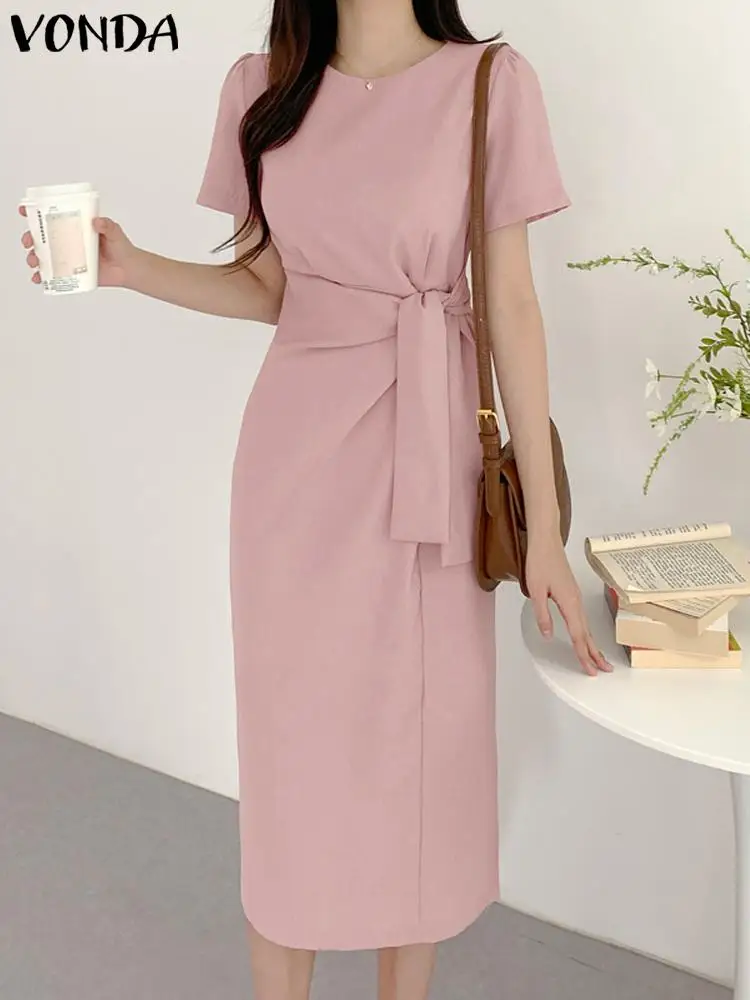 Top Trends: Fashion Women Summer Shirt Dress 2023 VONDA Waist Pleated Bandage Dress Elegant Sundress Casual Solid Color Midi Robe Vestidos Shoppable Styles