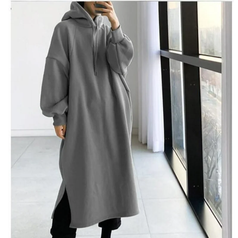 Top Trends: Thicken Autumn Winter Women Oversized Hoodie Long Dress Solid Fashion Long Sleeve Female Clothing Split Casual Loose New Dresses Shoppable Styles